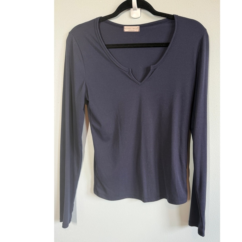 Frankee & Skylarr Womens XL Navy Blue Notched V-Neck Long Sleeve Knit Top Casual